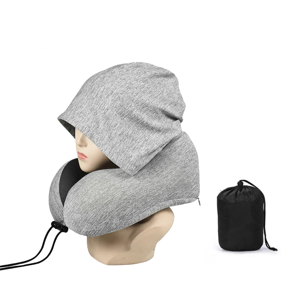 Travel Neck Pillow Hooded U Shaped Removable Neck Protection Pillow Light Grey