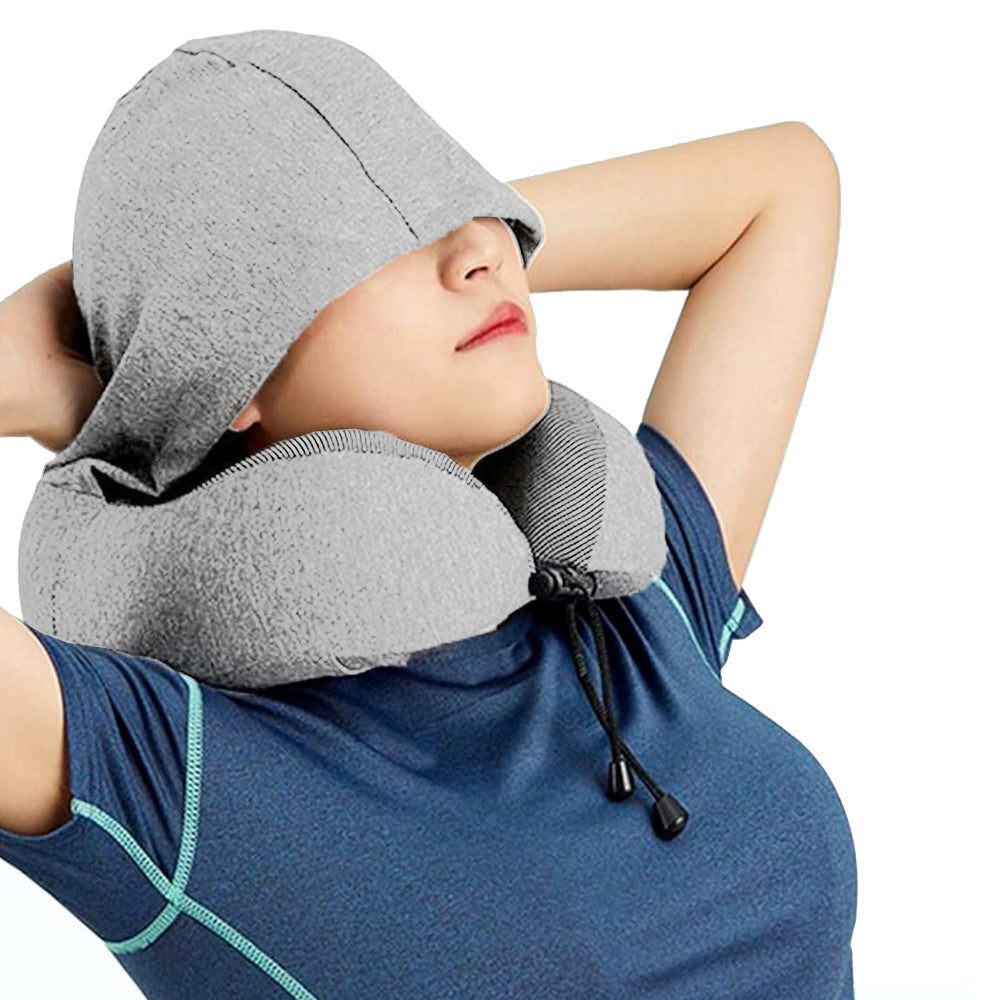 Travel Neck Pillow Hooded U Shaped Removable Neck Protection Pillow Light Grey
