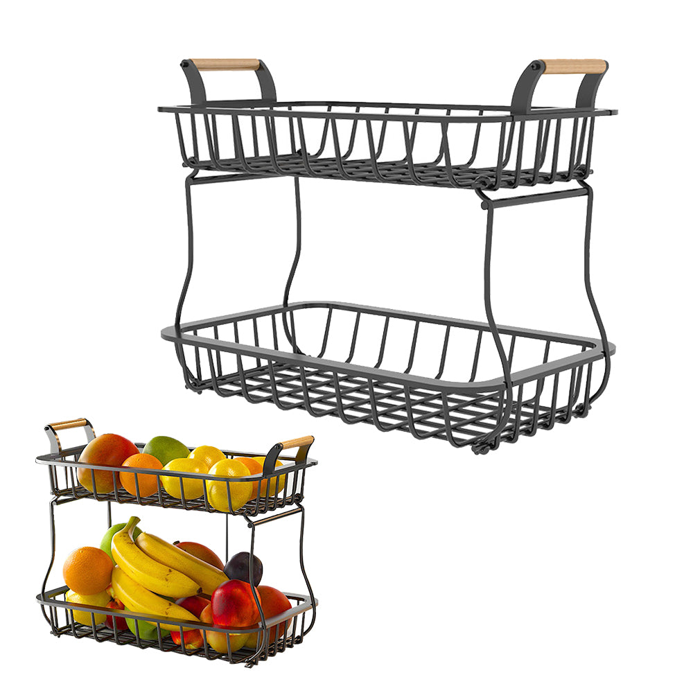 2-Tier Countertop Fruit Basket Rectangular Storage Stand for Kitchen Black