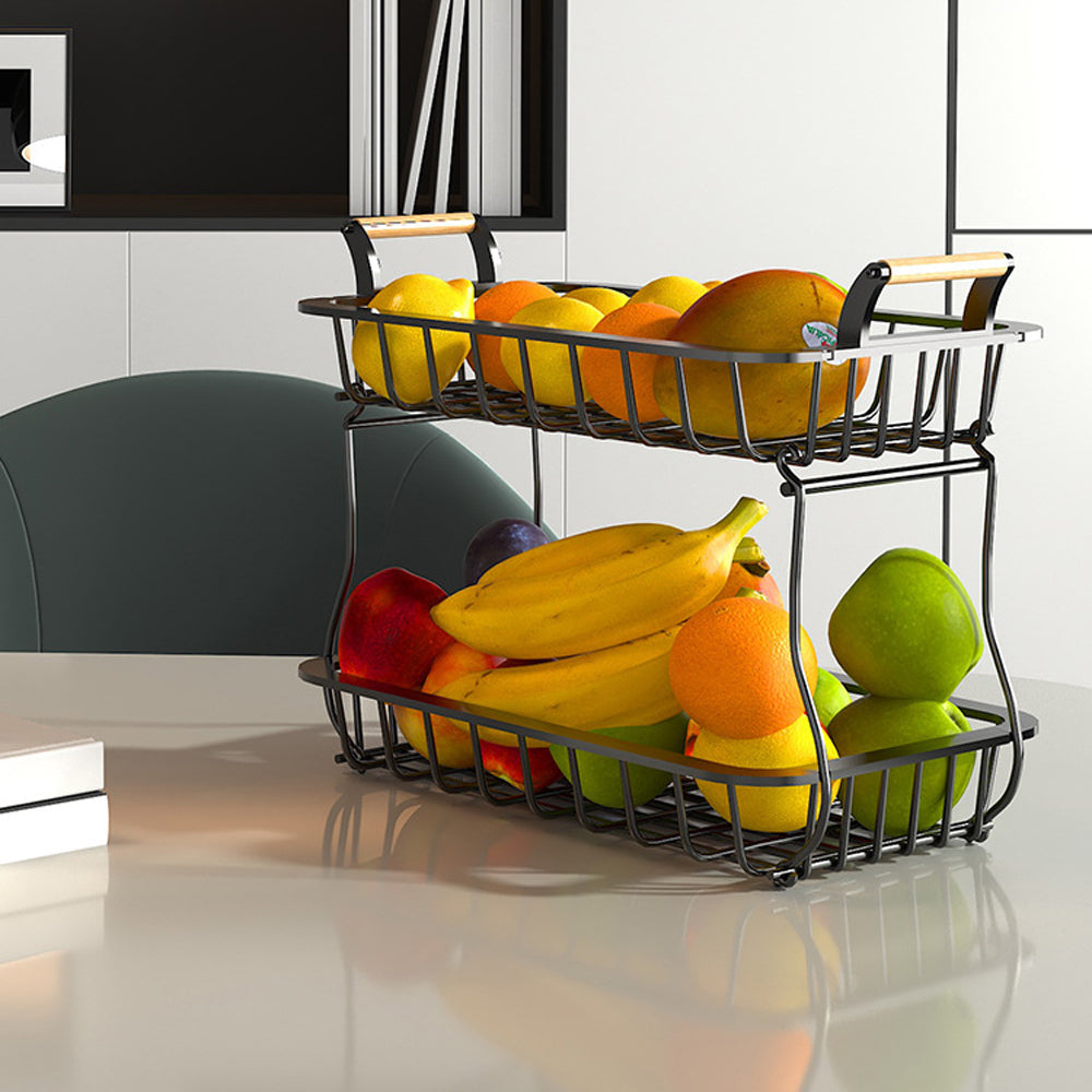 2-Tier Countertop Fruit Basket Rectangular Storage Stand for Kitchen Black
