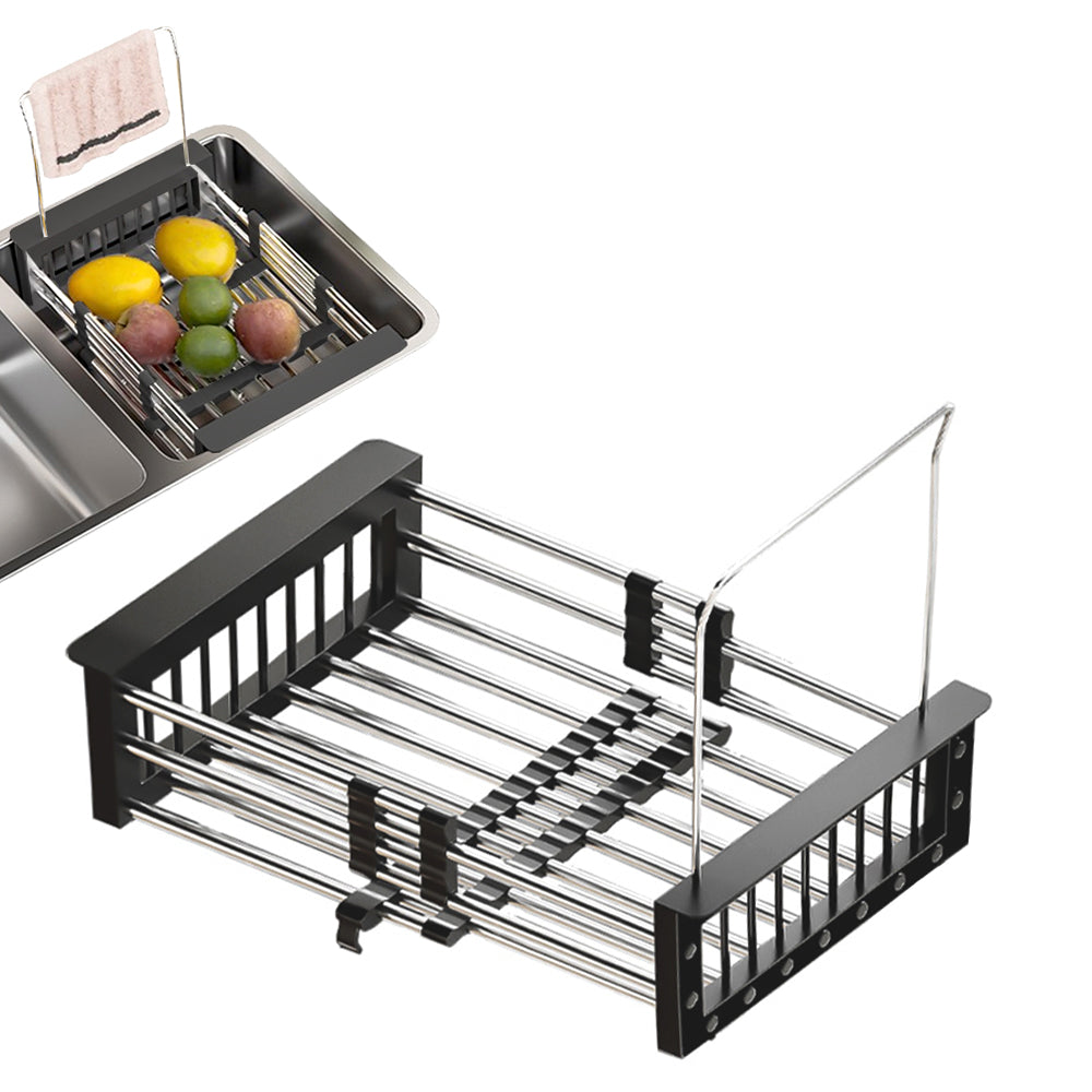 Extendable Stainless Steel Sink Strainer Drain Basket Dish Drying Rack Black