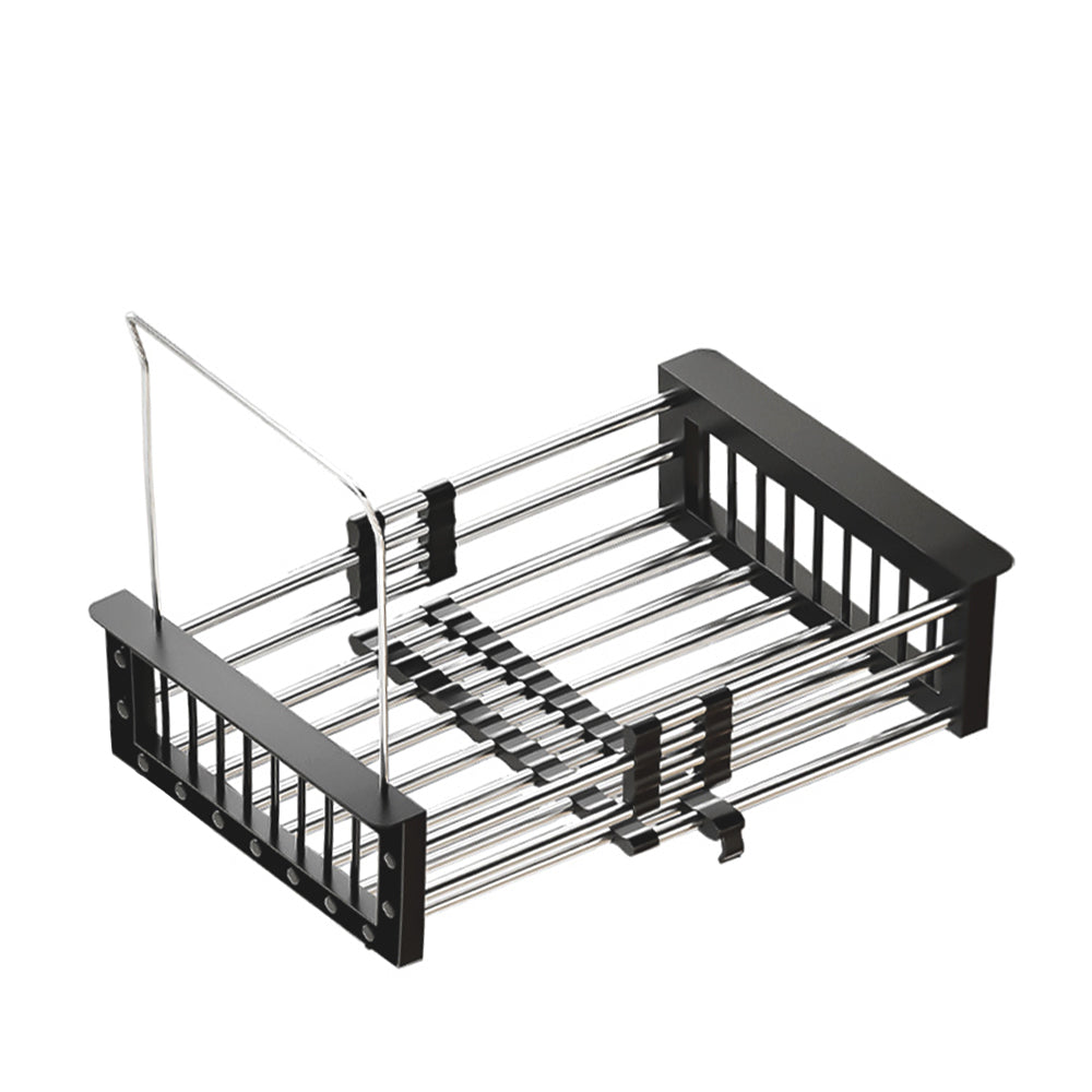 Extendable Stainless Steel Sink Strainer Drain Basket Dish Drying Rack Black