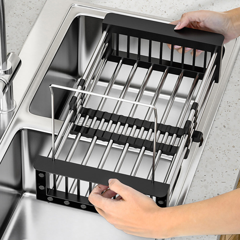 Extendable Stainless Steel Sink Strainer Drain Basket Dish Drying Rack Black
