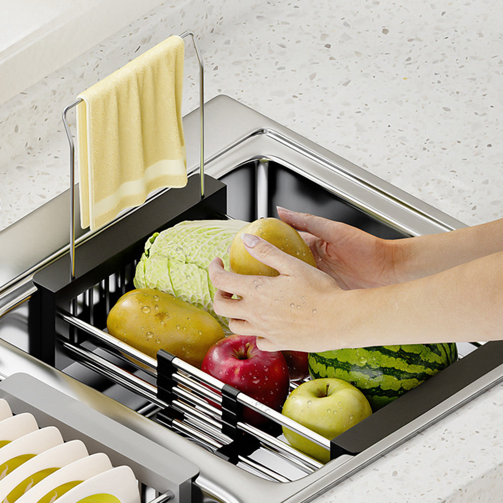 Extendable Stainless Steel Sink Strainer Drain Basket Dish Drying Rack Black