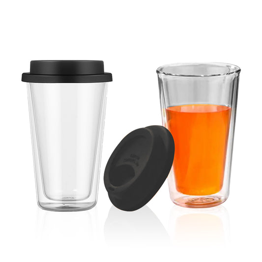Double Walled Glass Coffee Mug Drinking Coffee Cup with Silicone Lid Black