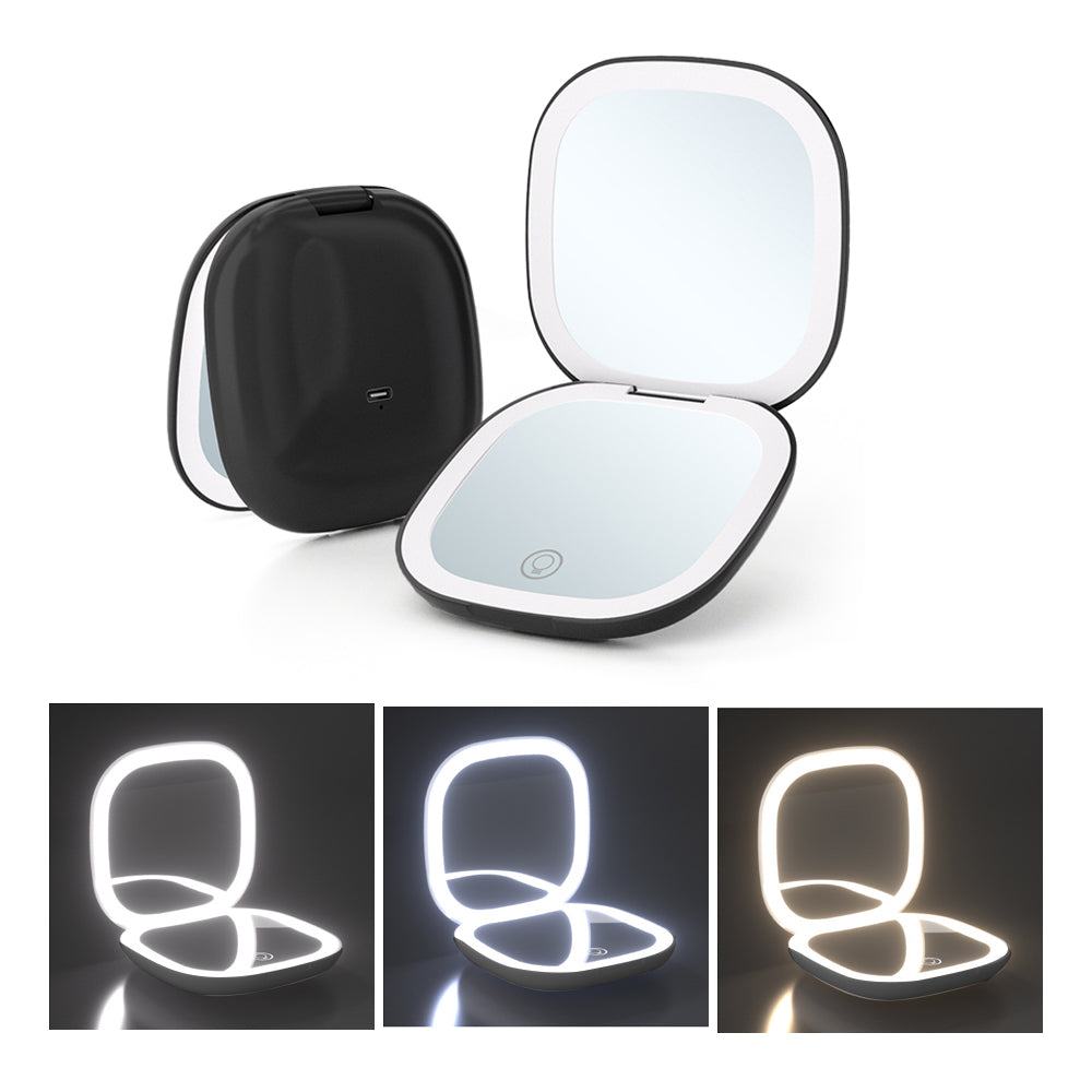 Travel Lighted Makeup Mirror with 1X/10X Magnifying Double Sided Dimmable Black