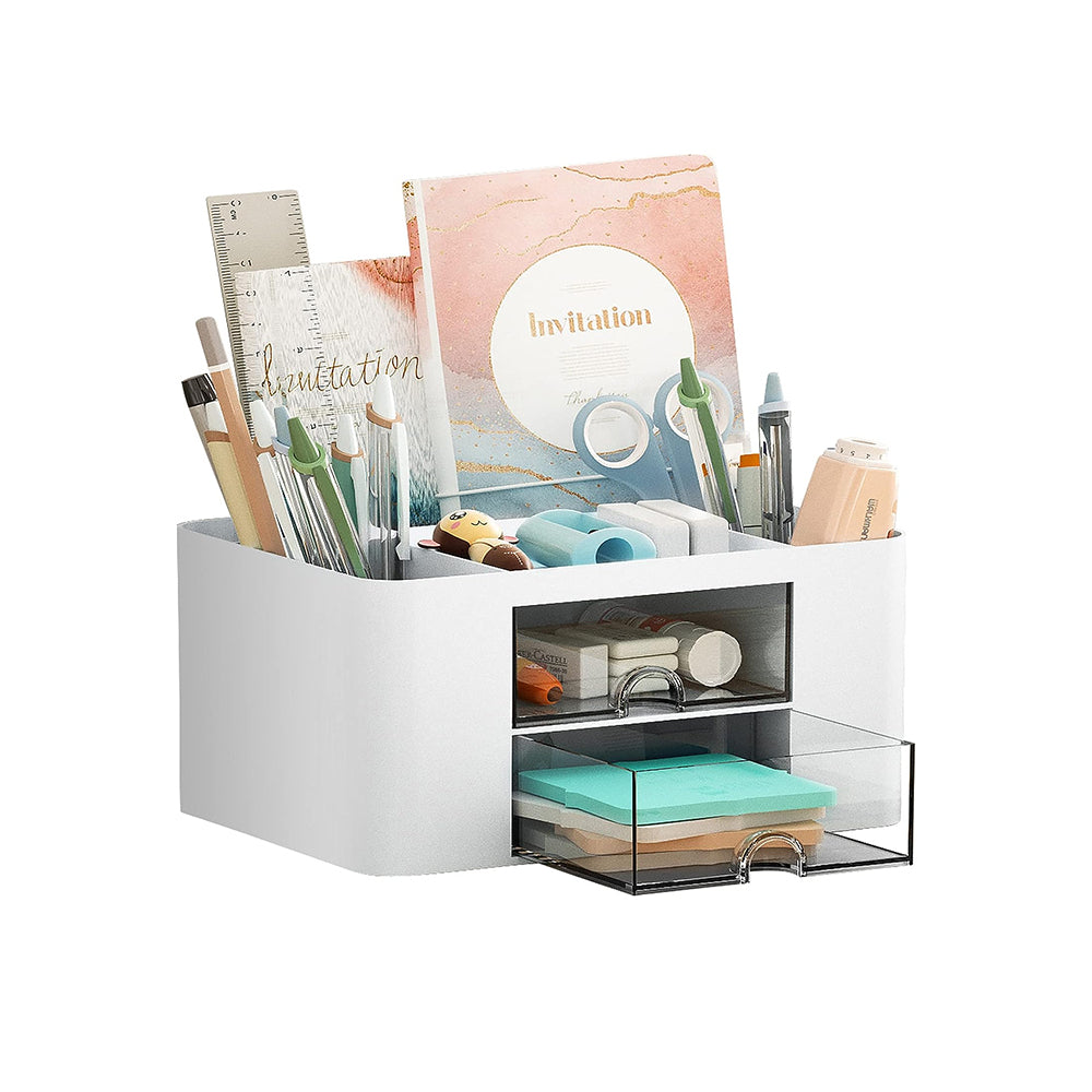 Pen Organizer with 2 Drawer Multi-Functional Pencil Holder for Desk White
