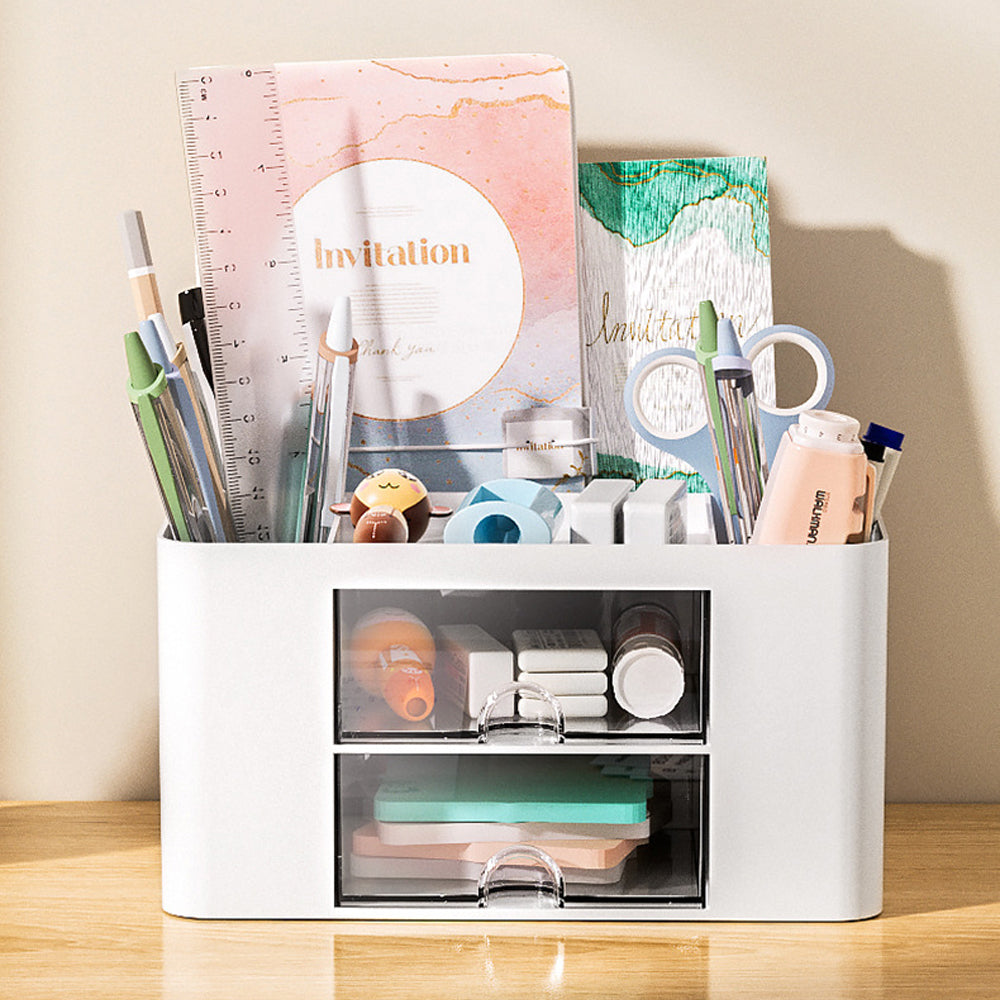 Pen Organizer with 2 Drawer Multi-Functional Pencil Holder for Desk White