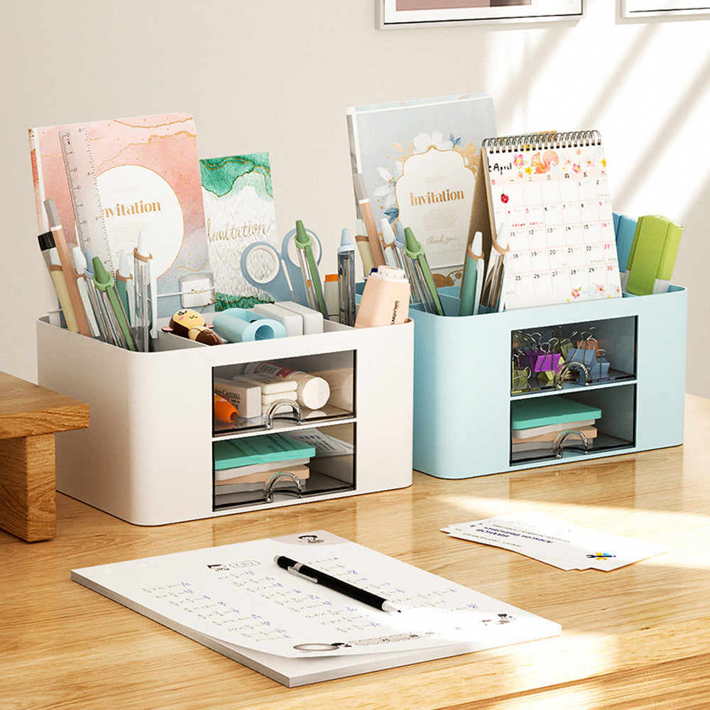 Pen Organizer with 2 Drawer Multi-Functional Pencil Holder for Desk White
