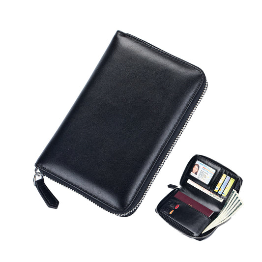 Travel Wallet Genuine Leather Card Holder Wallet with Zipper Black