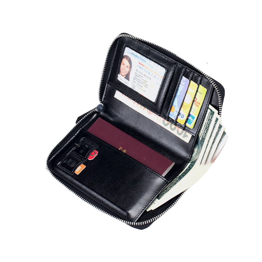 Travel Wallet Genuine Leather Card Holder Wallet with Zipper Black
