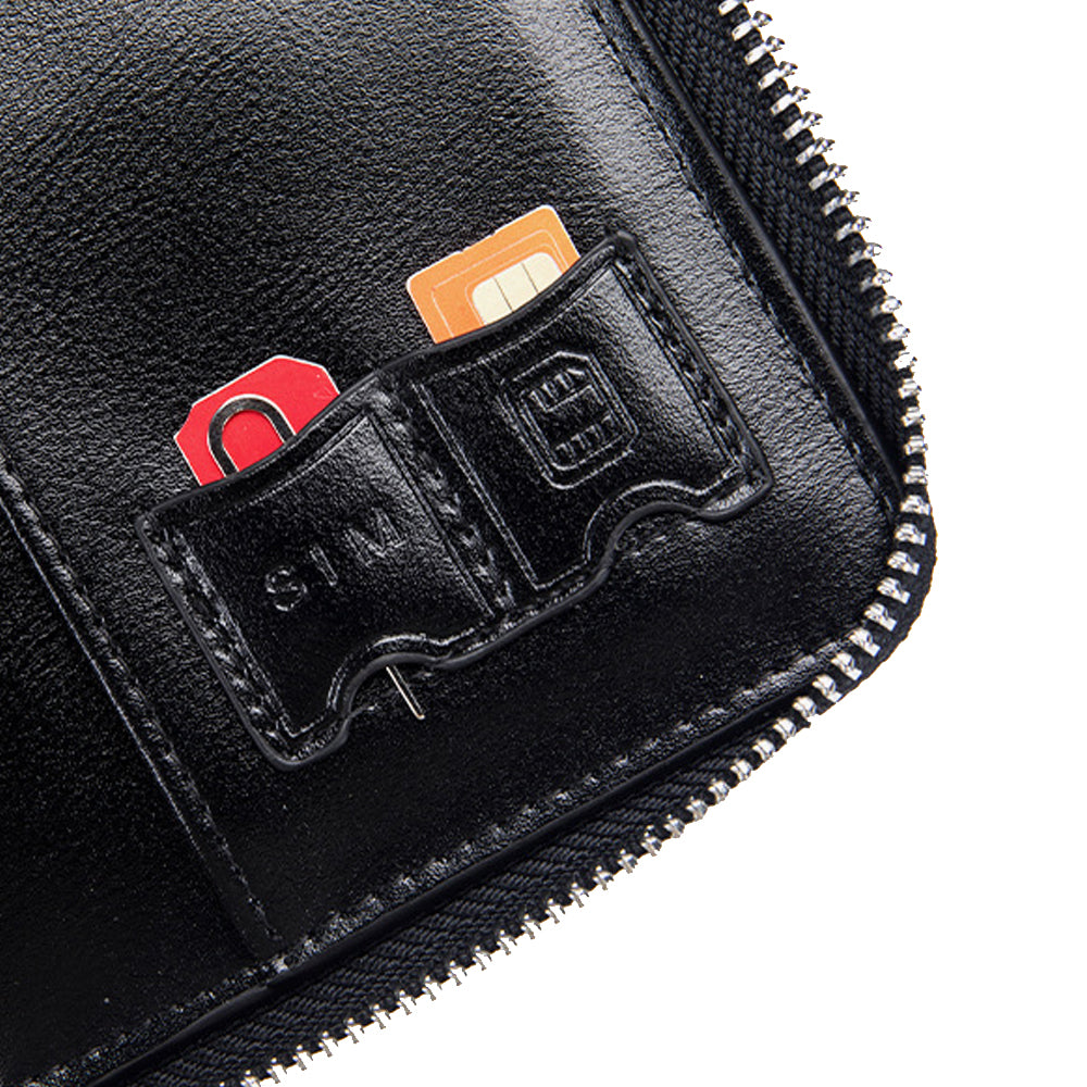 Travel Wallet Genuine Leather Card Holder Wallet with Zipper Black
