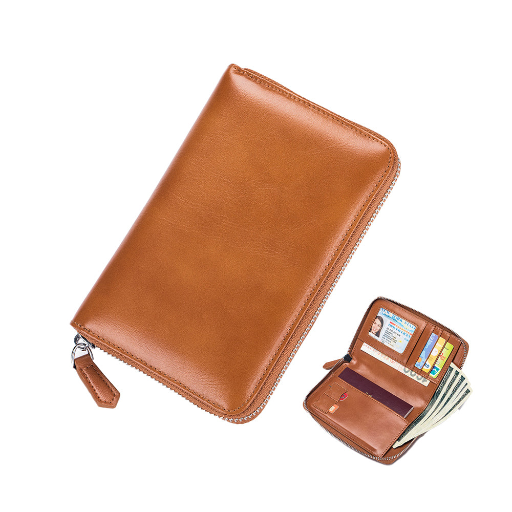 Travel Wallet Genuine Leather Card Holder Wallet with Zipper Brown