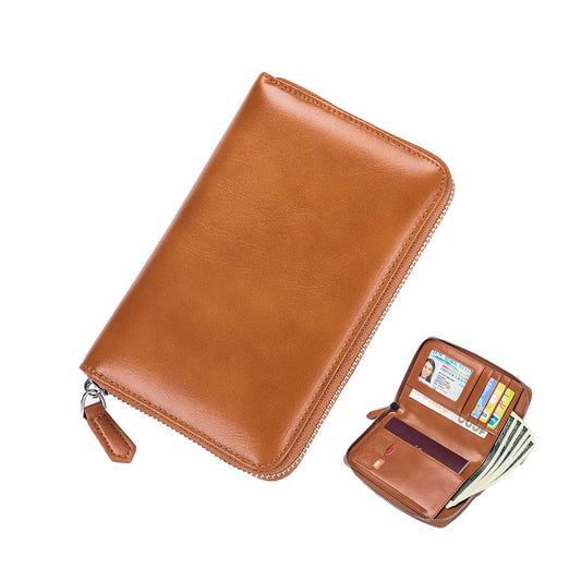Travel Wallet Genuine Leather Card Holder Wallet with Zipper Brown