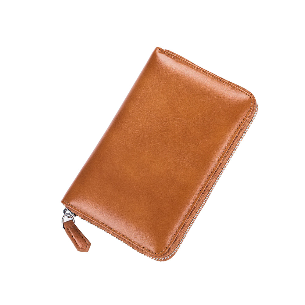 Travel Wallet Genuine Leather Card Holder Wallet with Zipper Brown