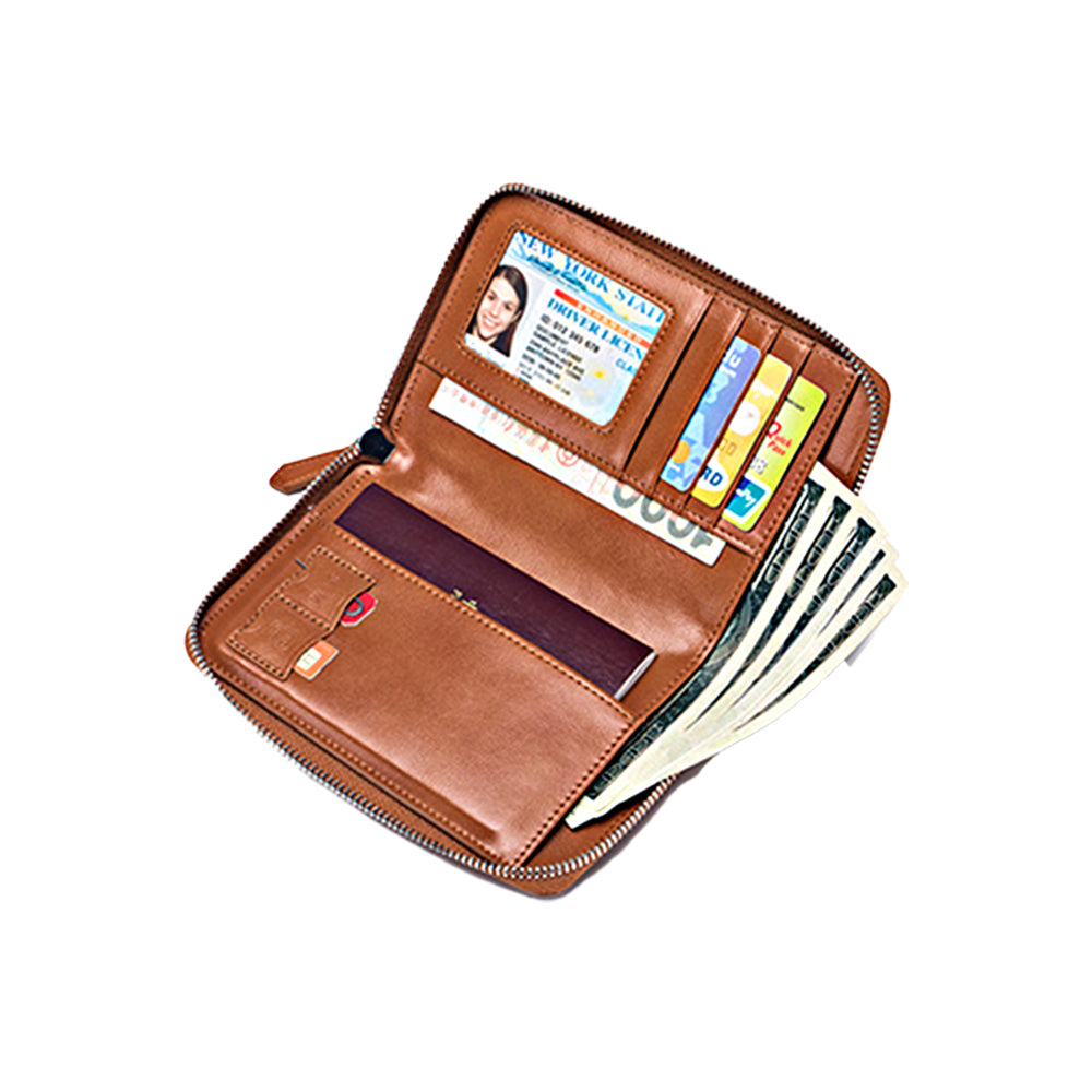 Travel Wallet Genuine Leather Card Holder Wallet with Zipper Brown