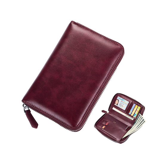 Travel Wallet Genuine Leather Card Holder Wallet with Zipper Wine Red