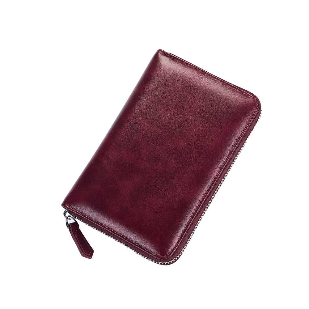 Travel Wallet Genuine Leather Card Holder Wallet with Zipper Wine Red
