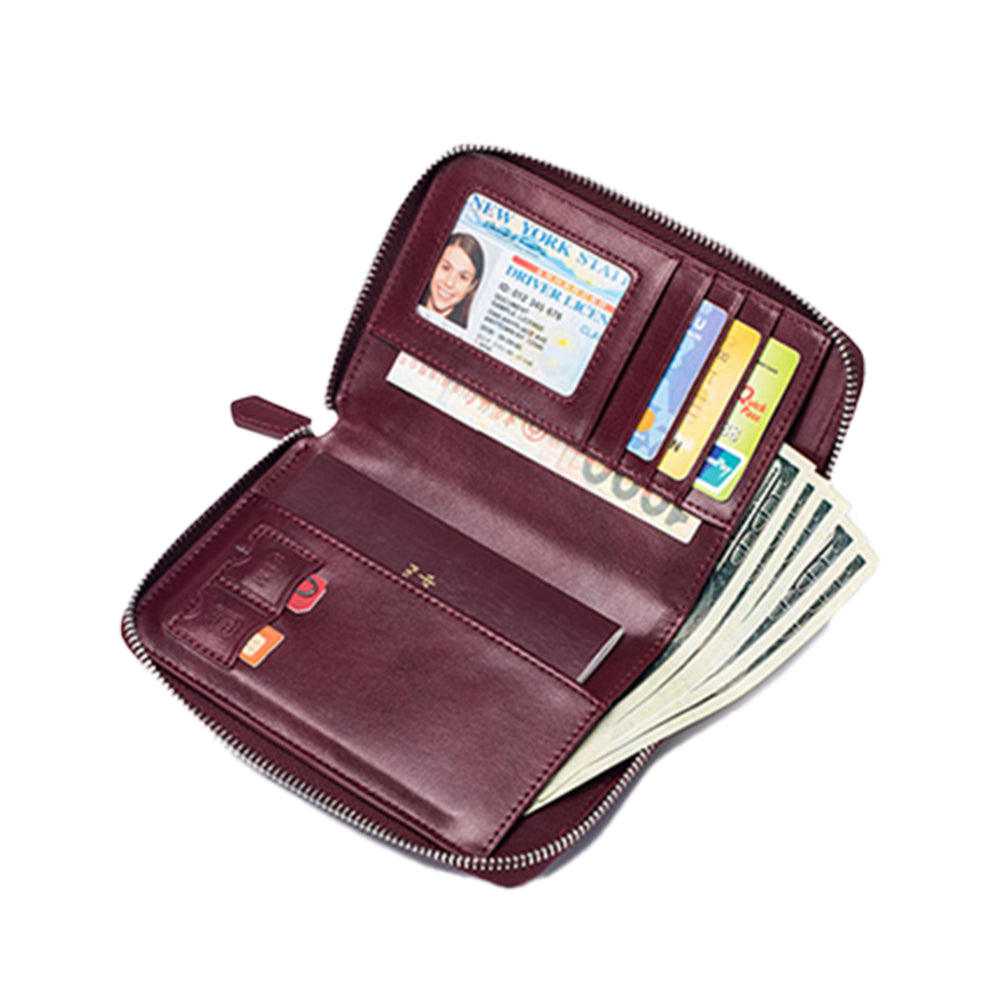 Travel Wallet Genuine Leather Card Holder Wallet with Zipper Wine Red