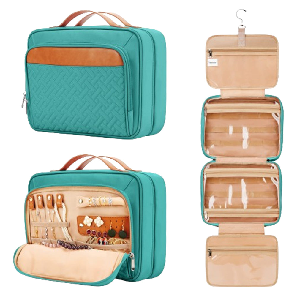 Travel Toiletry Bag Makeup Bag Cosmetic Organizer with Jewelry Organizer Blue