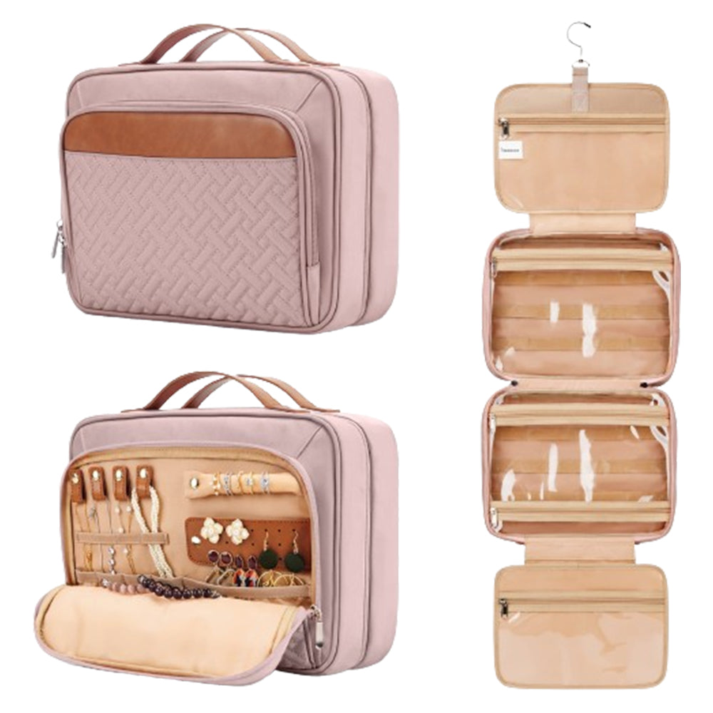 Travel Toiletry Bag Makeup Bag Cosmetic Organizer with Jewelry Organizer Pink