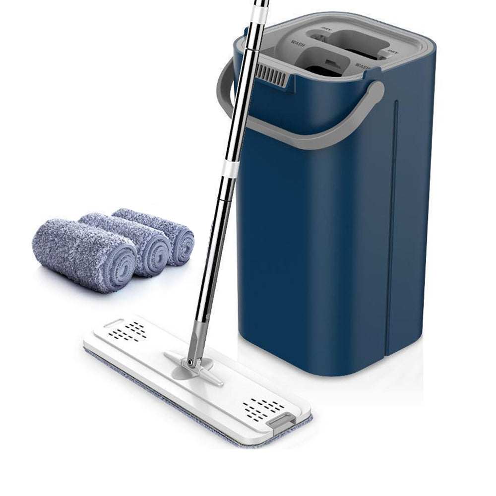 Flat Floor Mop and Bucket Set with 4 Washable Microfiber Pads Blue