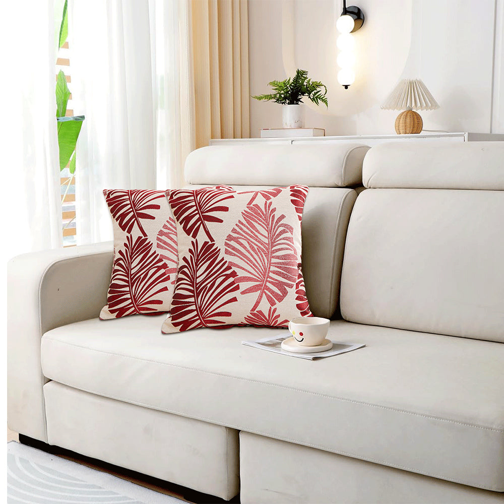 2Pcs 45x45cm Palm Leaf Floral Single-Sided Print Pillow Cover for Sofa Red