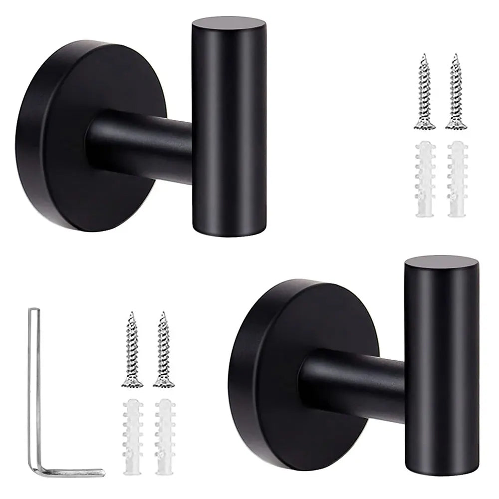 2Pcs Bathroom Towel Robe Wall Mounted Hook Stainless Steel Door Hanger Black