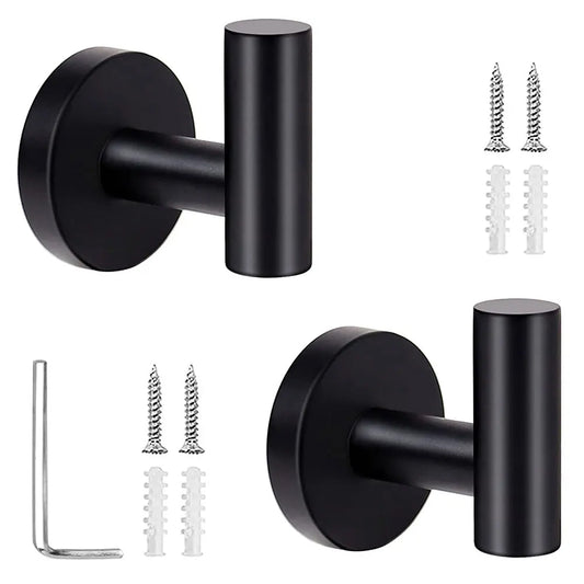2Pcs Bathroom Towel Robe Wall Mounted Hook Stainless Steel Door Hanger Black