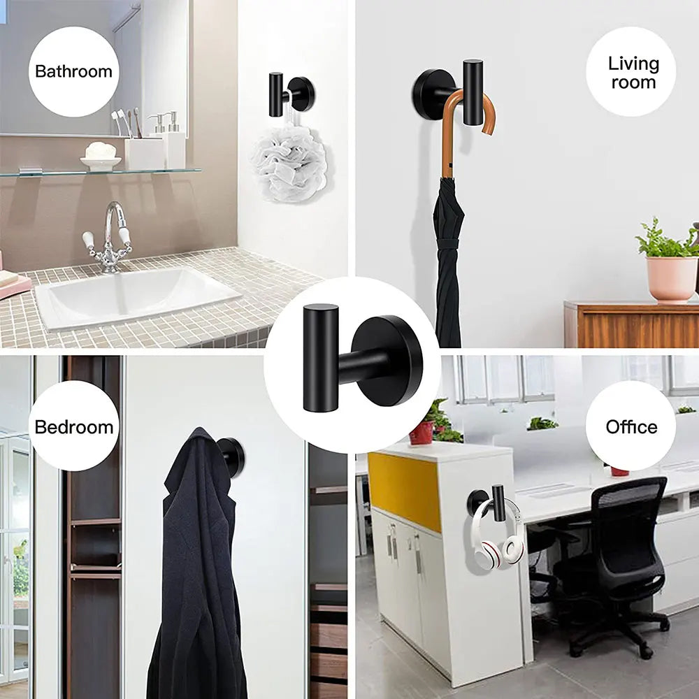 2Pcs Bathroom Towel Robe Wall Mounted Hook Stainless Steel Door Hanger Black