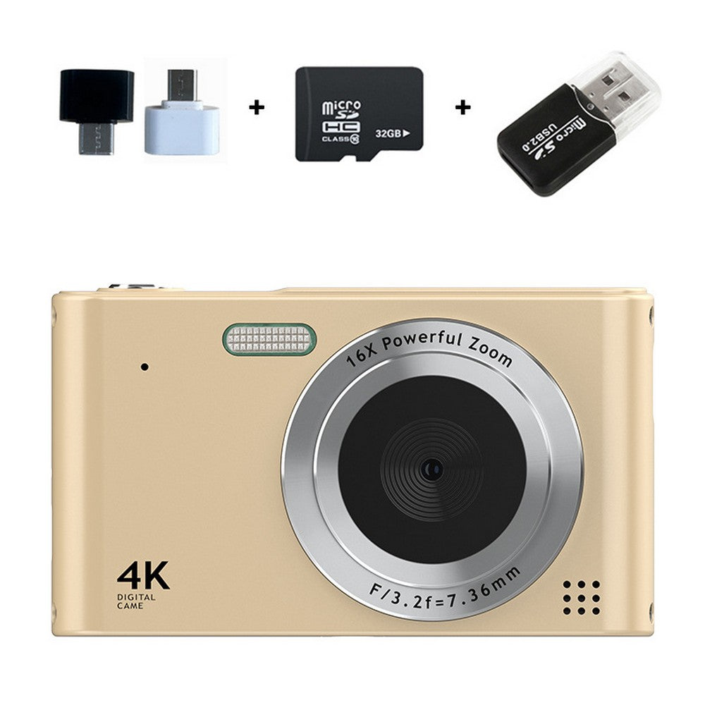 4K HD Digital Camera 16X Zoom 48MP Digital Camera with 32G SD Card Gold