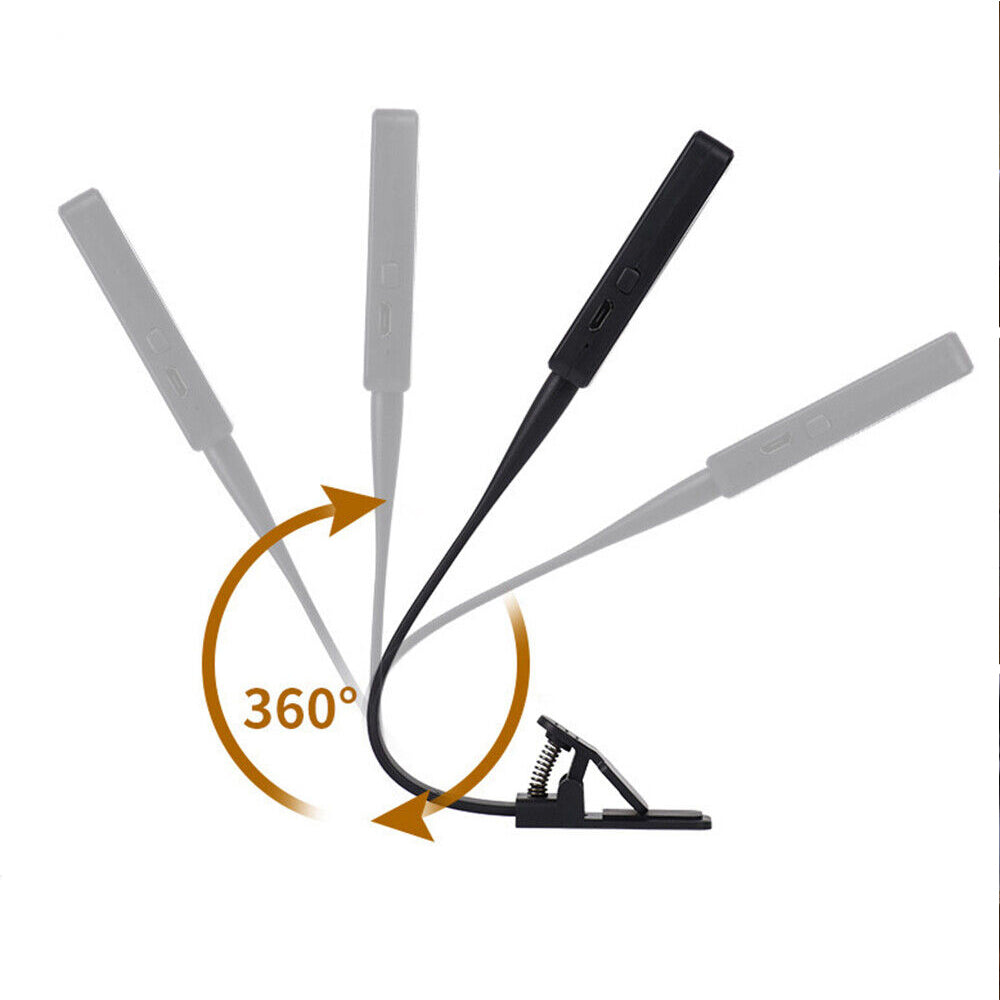 LED Reading Light USB Rechargeable Clip On Bed Desk Table Black