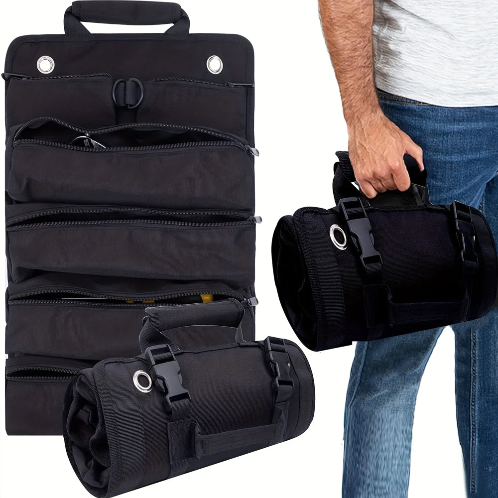 Hardware Tool Storage Bag Roll Up Tool Bag with Detachable Zipper Pouch Black