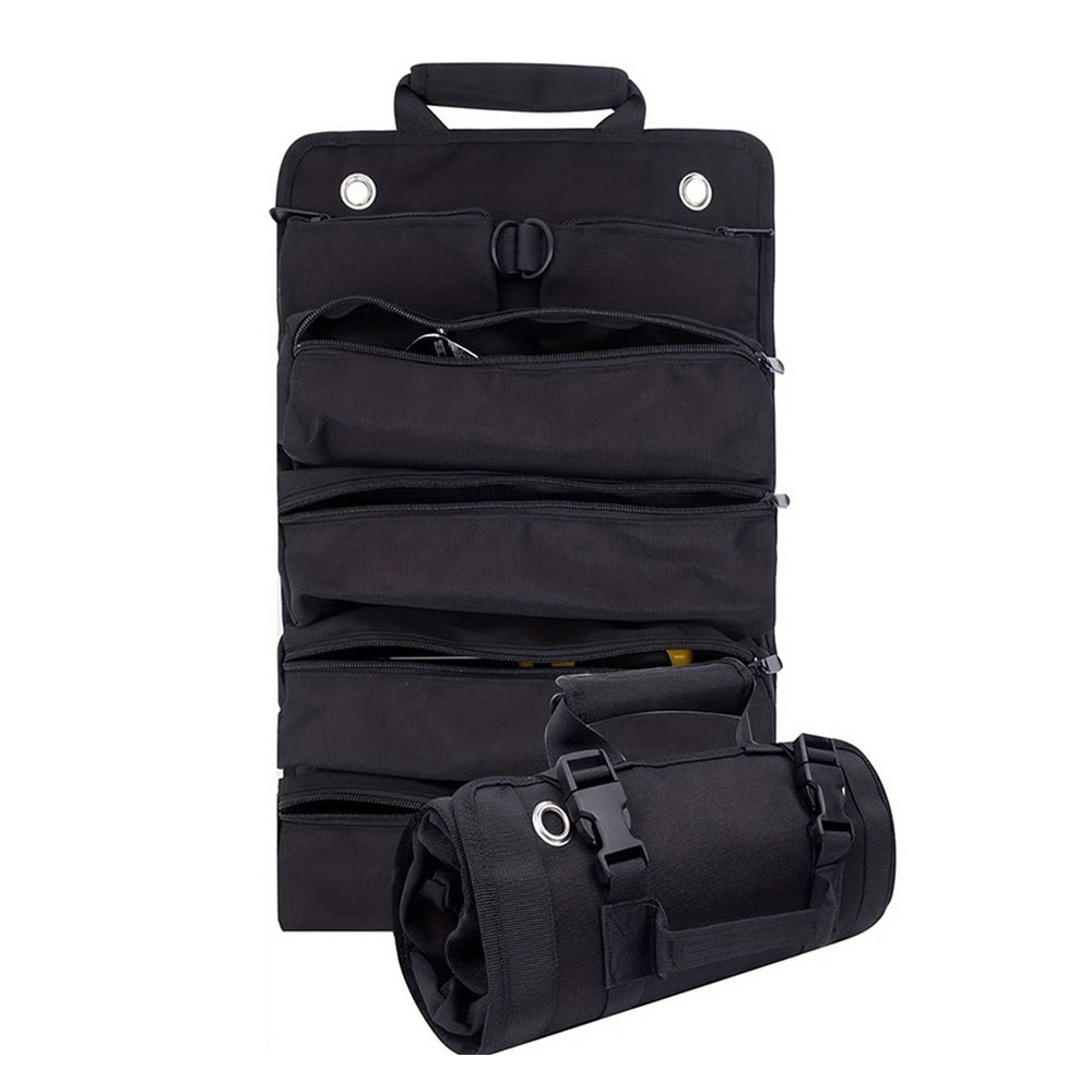 Hardware Tool Storage Bag Roll Up Tool Bag with Detachable Zipper Pouch Black