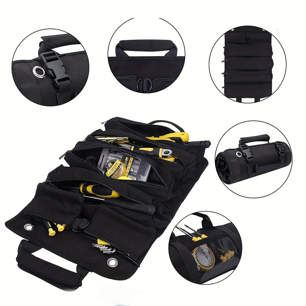 Hardware Tool Storage Bag Roll Up Tool Bag with Detachable Zipper Pouch Black