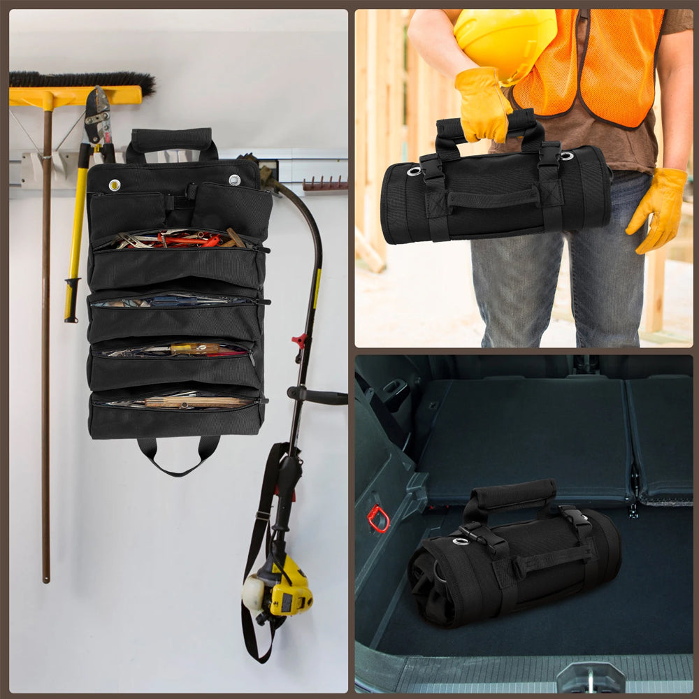 Hardware Tool Storage Bag Roll Up Tool Bag with Detachable Zipper Pouch Black