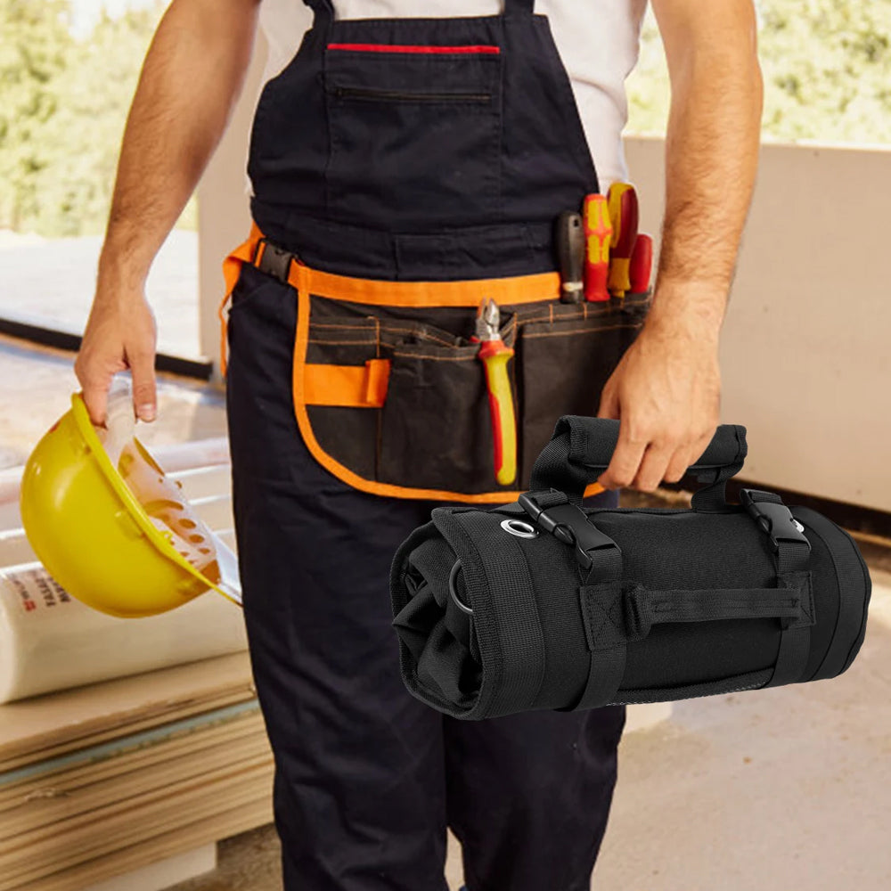 Hardware Tool Storage Bag Roll Up Tool Bag with Detachable Zipper Pouch Black