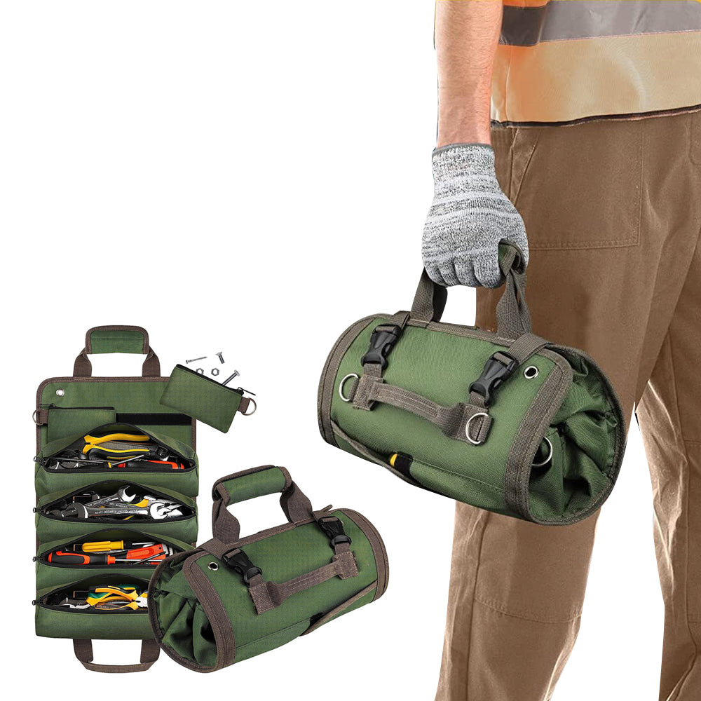 Hardware Tool Storage Bag Roll Up Tool Bag with Detachable Zipper Pouch Green