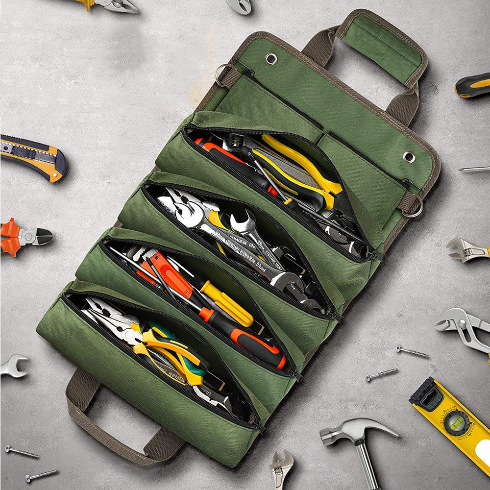 Hardware Tool Storage Bag Roll Up Tool Bag with Detachable Zipper Pouch Green