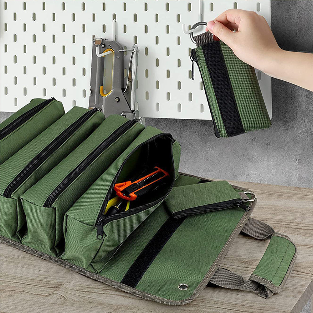 Hardware Tool Storage Bag Roll Up Tool Bag with Detachable Zipper Pouch Green
