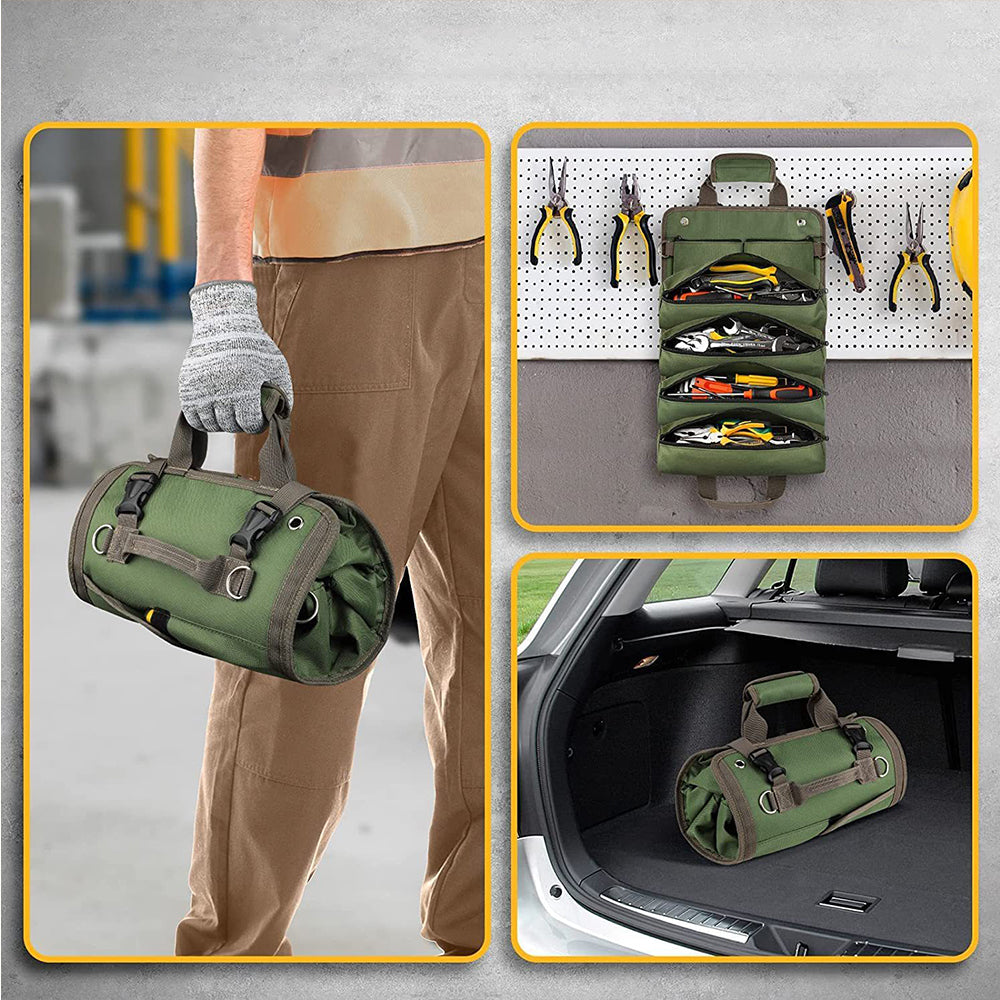 Hardware Tool Storage Bag Roll Up Tool Bag with Detachable Zipper Pouch Green