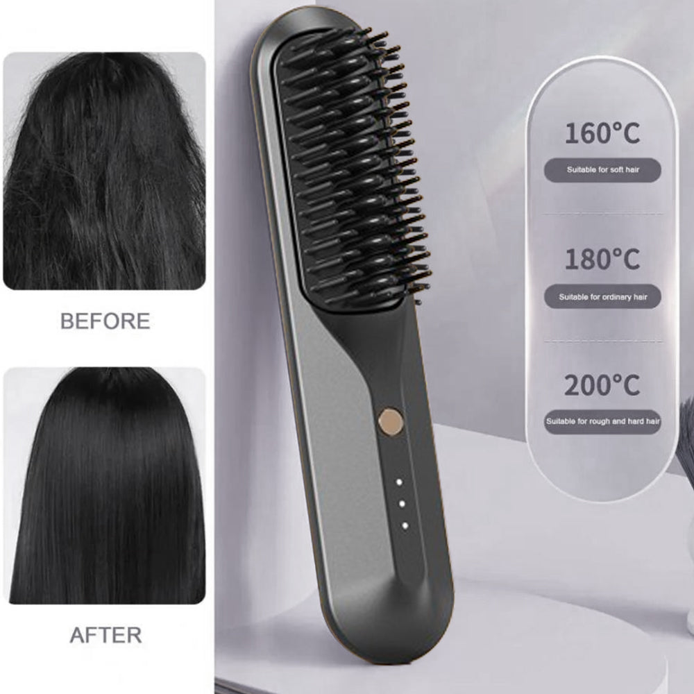 Portable Cordless Hair Straightener Brush Negative Ion Heating Black