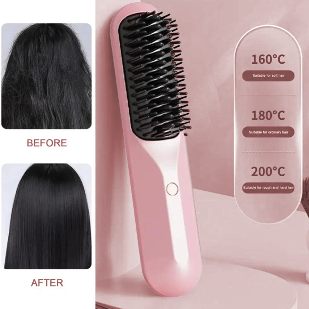 Portable Cordless Hair Straightener Brush Negative Ion Heating Pink