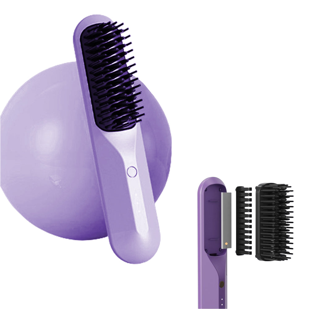 Portable Cordless Hair Straightener Brush Negative Ion Heating Purple