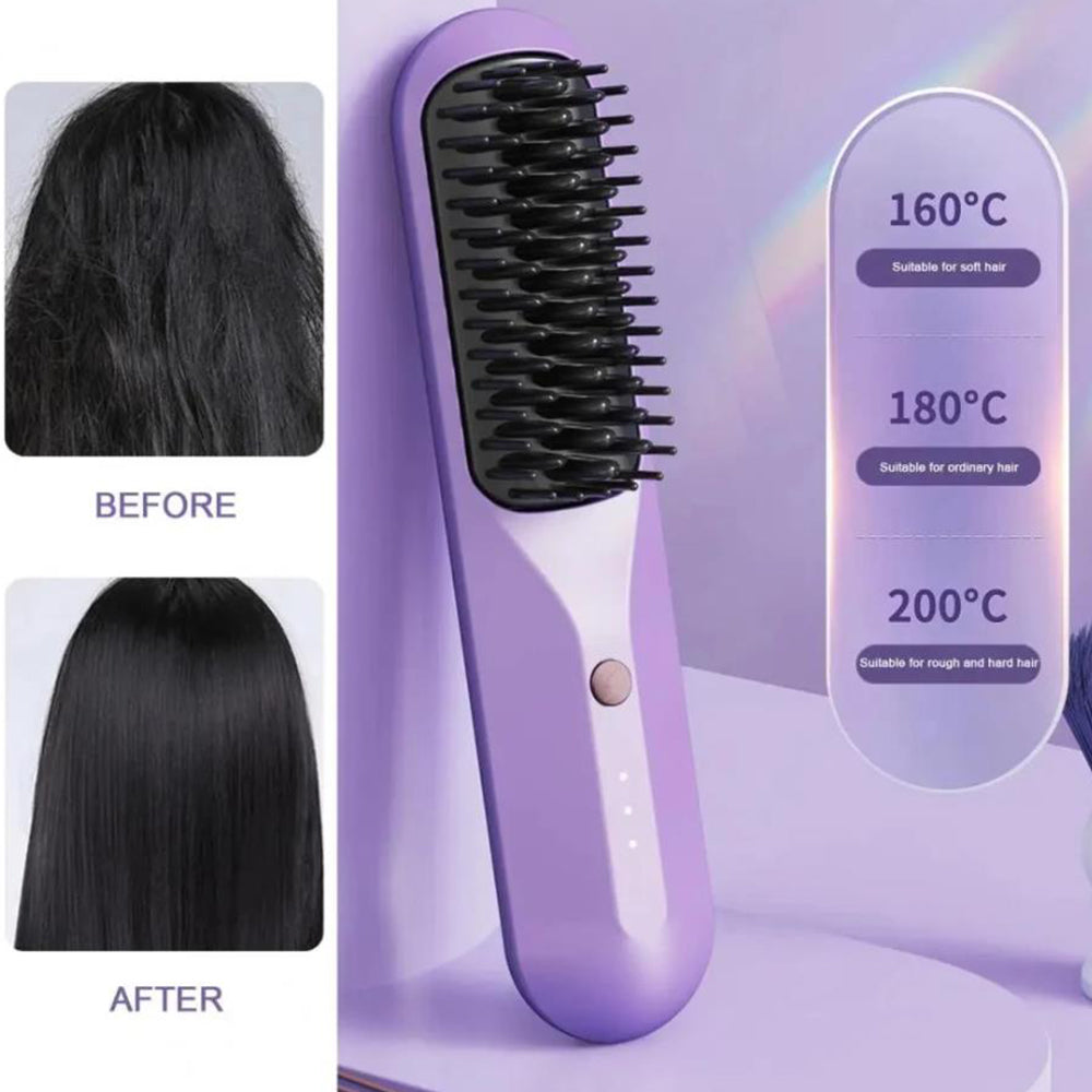 Portable Cordless Hair Straightener Brush Negative Ion Heating Purple