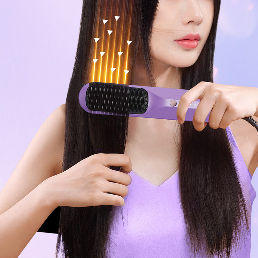 Portable Cordless Hair Straightener Brush Negative Ion Heating Purple