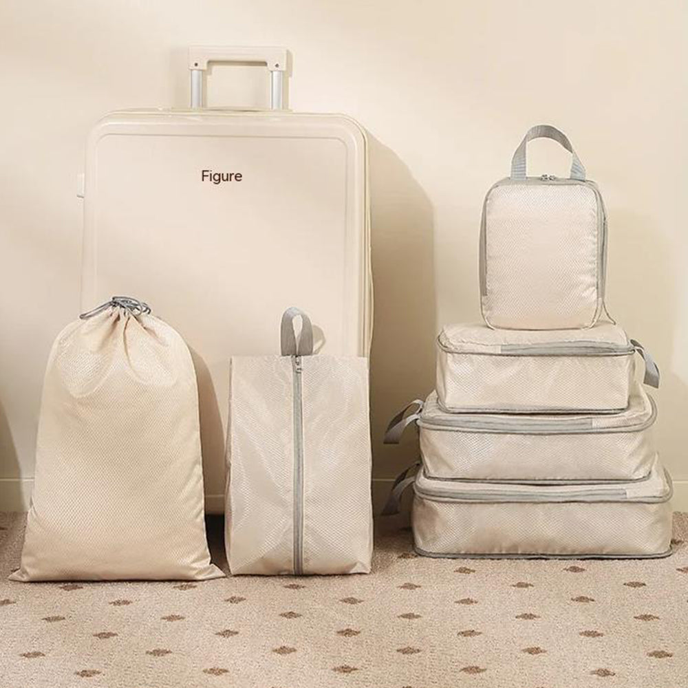 6Pcs Storage Compression Bags Luggage Travel Packing Cubes Organiser Beige