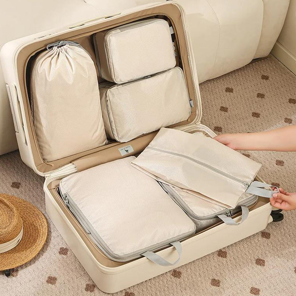 6Pcs Storage Compression Bags Luggage Travel Packing Cubes Organiser Beige