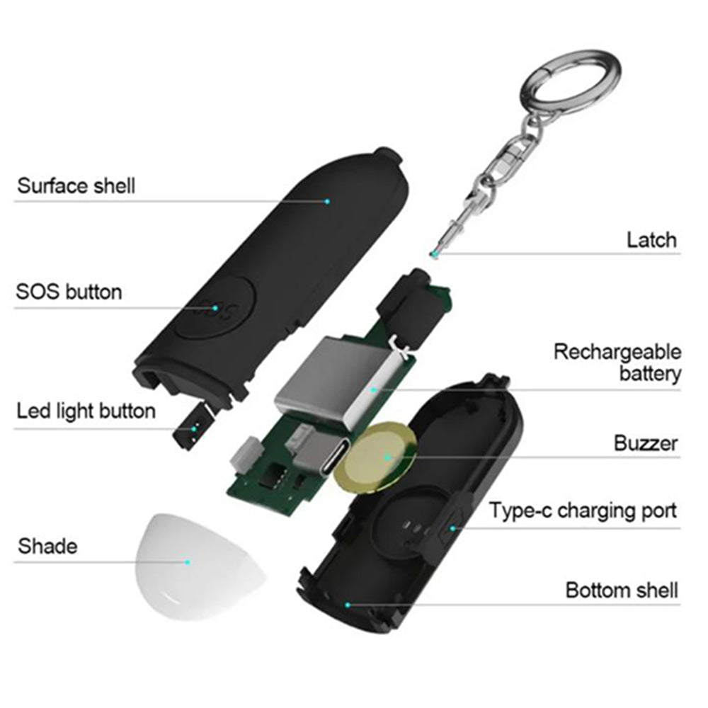 130dB Rechargeable Personal Safety Alarm Keychain with LED Light Black