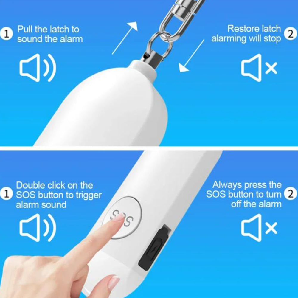 130dB Rechargeable Personal Safety Alarm Keychain with LED Light White